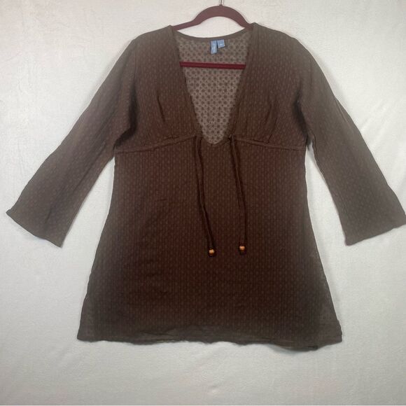 St John's Bay Brown Open Knit V-Neck Swim Cover W/Front Tie Size Large - Picture 1 of 11